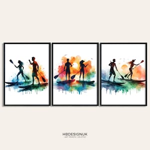 Paddleboarding Couple Wall Art - Set of 3 Paddleboard Prints | Paddle Board Gifts | Watercolour Design | Posters | Couples Decor Artwork