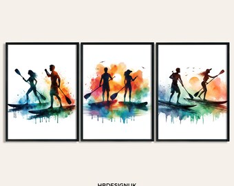 May include: Three watercolor paintings of people paddleboarding on a lake. The paintings are in a set of three and feature a variety of colors, including blue, green, orange, and yellow. The paintings are set against a white background.