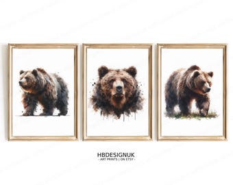 Set di stampe di orsi grizzly - Poster ad acquerello / Dipinti di animali selvatici / Arte murale di orsi / Decorazioni per la casa con animali / Poster ad acquerello