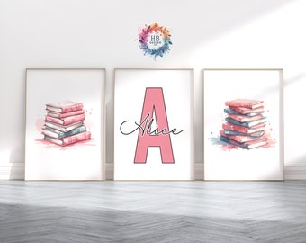 Personalised Reading Print Set - Set of 3 Prints | Kids Book Design | Pink Library Decor | Bedroom Wall Art | Books Lover | Bookish Gift