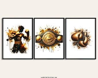 Posters de boxe - Lot de 3 posters de boxe | Art mural boxe aquarelle doré | Cadeaux de combat de boxe pour hommes | Oeuvre d'art déco pour chambre de garçon