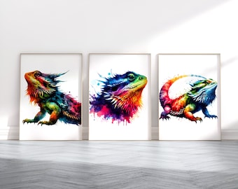 Bearded Dragon Print Set - Set of 3 Posters | Watercolour Print | Present Pictures | Home Decor Wall Art | Artwork Painting Print