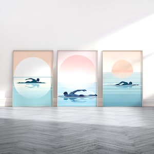 Wild Swimming Print Set - 3 Posters | Gift for Swimmer | Swim Art | Pool Wall Artwork | Minimalist Blue Prints | Swimming Gifts