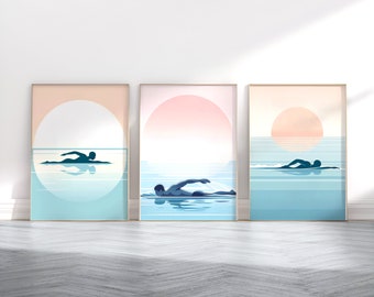 Set med tryck med vild simning - 3 posters | Present till simmare | Badkonst | Väggkonst för pool | Minimalistiska blåtryck | Badpresenter