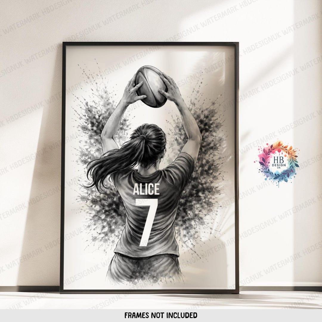 Personalised Girls Rugby Wall Art Print - Black & White Girl Bedroom ...