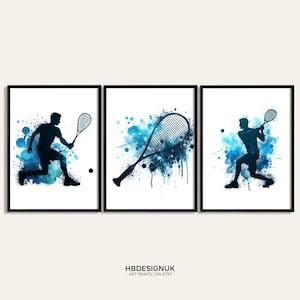 Squash Poster Set - Set of 3 Squash Prints | Watercolour Art Painting | Gifts Decor | Sport Wall Art Gift | Squash Player Artwork