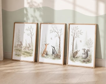 Woodland Nursery Prints Set of 3 - Kids Playroom Prints, Girls Forest Animal Wall Art