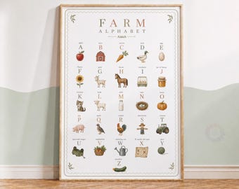 Farm Animal Alphabet Print - A-Z Nursery Wall Art, Kids Bedroom Decor, Educational Poster