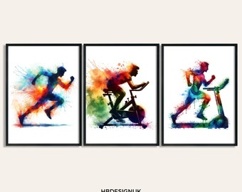 Home Gym Decor Print - Set of 3 Gym Posters | Watercolour Posters | Mens Running Poster | Fitness Wall Art Pictures | Home Gym Wall Artwork