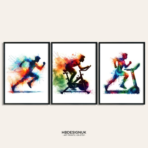 Home Gym Decor Print - Set of 3 Gym Posters | Watercolour Posters | Mens Running Poster | Fitness Wall Art Pictures | Home Gym Wall Artwork
