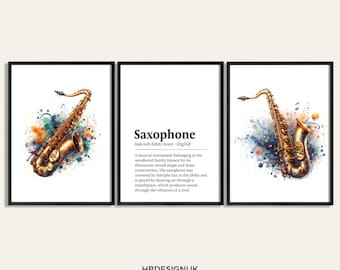 Saxophone Watercolour Art Print - Set of 3 Music Artwork | Watercolor Trumpet Poster | Wall Art for Musician | Trumpet Decor Room Gift