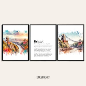 Bristol Poster Print Set - Set of 3 Posters | Bristol Watercolour Picture Painting | Wall Hanging Artwork | Wall Art | UK Travel Decor