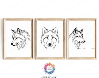 Minimal Wolf Wall Art - Stampa artistica di animali / Stampe di lupi / Decorazioni vivaci con lupi / Poster con linee in bianco e nero / Disegno astratto