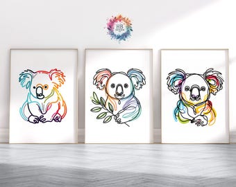 コアラの線画プリント - コアラのウォールアート | コアラの絵 | 動物プリント | 線画アート作品装飾 | コアラの絵 | 抽象画プリント