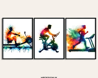 Home Gym Poster Print - Set of 3 Gym Posters | Watercolour Wall Art | Mens Running Poster | Fitness Decor Pictures | Home Gym Wall Artwork