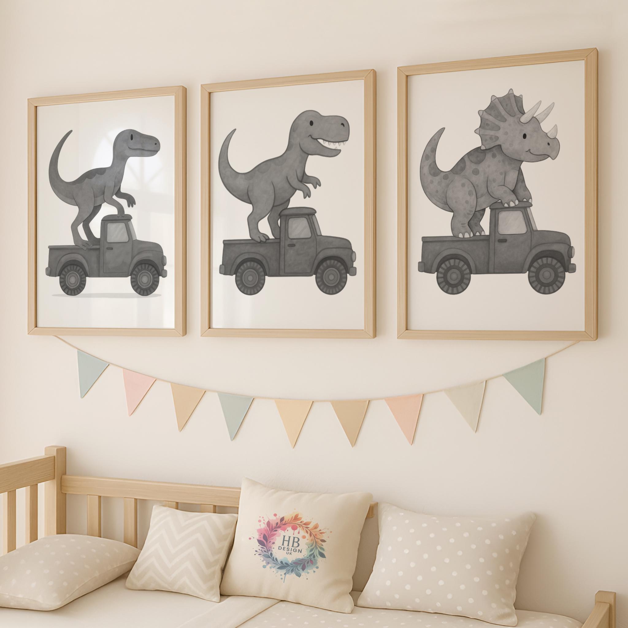 Dinosaur & Truck Wall Prints – Set of 3 | Dino Digger and Vehicle