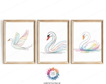 Minimalist Swan Print Set - Wall Art | White Swan Animal Illustration | Swan Drawing Decor | Modern Sketch Artwork | Colourful Swans Prints