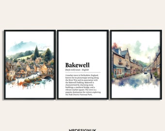 Bakewell Poster Set - 3er Set Aquarell Drucke | Derbyshire Reisedrucke | Bakewell Poster Designs | UK Wand Kunst | Kunstwerk Dekor Geschenk
