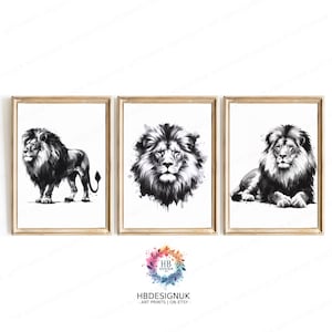 Black and White Lion Print Set - Animal Prints | Safari Animal Gift | Lion Painting | Abstract Poster | Lion Head Artwork | Wall Art