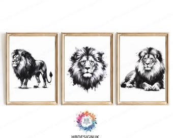 Black and White Lion Print Set - Animal Prints | Safari Animal Gift | Lion Painting | Abstract Poster | Lion Head Artwork | Wall Art