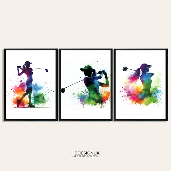 Woman Golf Gift - Set of 3 Golfing Poster Prints | Watercolour Girl Golfer Wall Art | Print for Golf Lover | Womens Decor Room Artwork