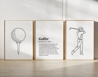Golfer Definition Print Set - 3 Prints | Boys Bedroom Decor | Golf Gift | Golfing Poster | Golf Lover Unframed Wall Art | Line Artwork