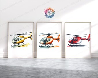 Helicopter Poster Prints - Set of 3 | Boys Bedroom Decor | Aircraft Wall Art | Watercolor Style | Kids Nursery Print | Aviation Gifts