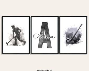 Kids Field Hockey Print Set - 3 Custom Hockey Posters | Boys Bedroom Decor | Personalised Poster | Room Artwork Print | Sport Posters Gifts