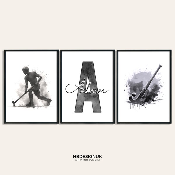 Kids Field Hockey Print Set - 3 Custom Hockey Posters | Boys Bedroom Decor | Personalised Poster | Room Artwork Print | Sport Posters Gifts