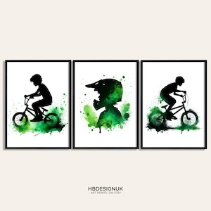BMX Poster Images - Set of 3 Green Prints | BMX Posters Boys Bedroom Decor | Gift for BMXing | Bike Artwork | Biking Watercolour Wall Art