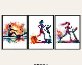 May include: Three watercolour paintings of a person exercising on different gym equipment. The first painting shows a person rowing on a rowing machine. The second painting shows a person running on a treadmill. The third painting shows a person using an elliptical machine.