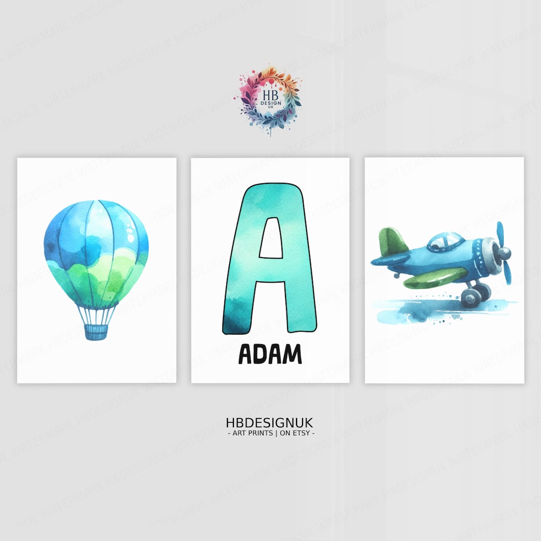 Personalised Kids Airplane Prints - Set of 3 Wall Art | Blue & Green ...