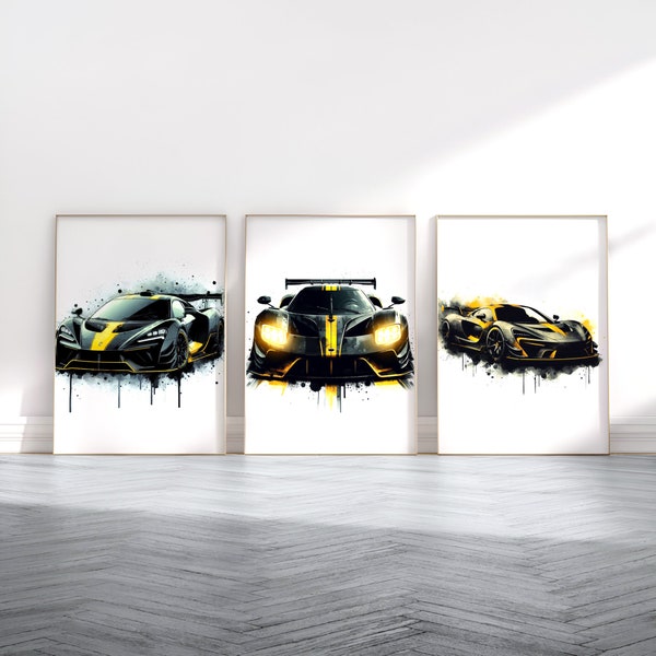 Kids Supercar Print Set - 3 Car Prints | Watercolour Painting | Boys Room Wall Art | Bedroom Print Gifts | Supercar Artwork Decor