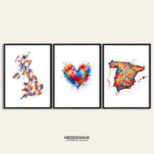 UK bis Spanien - Personalisierte Landkarte Poster | Karten Wandkunst | Benutzerdefinierte Raumdekor | Großbritannien Druck | Reise Aquarell Design | England Kunstwerk