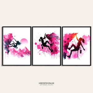 Pink Rock Climbing Wall Art Set - Set of 3 Climbing Prints | Watercolour Art Painting | Climber Poster Decor | Sport Gifts | Artwork