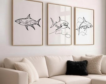 Shark Line Drawing Print Set of 3 | Minimalist Ocean Animal Sketch Wall Art | Modern Decor | A4 Unframed Gift for Sea Life Fans