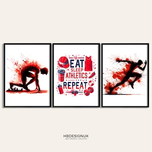 Red Athletics Print Poster Set - Set of 3 Runner Posters | Running Art Painting | Decoration Decor | Running Wall Art Gifts | Runner Gift
