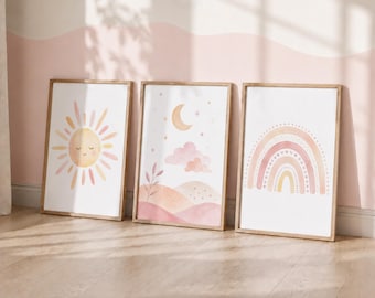 Kids Neutral Nursery Prints - Rainbow Girls Boho Decor, Sunshine Playroom Wall Art