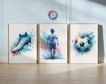 May include: Set of three framed watercolor prints with a soccer theme. One print features a blue and red soccer cleat, another shows a boy in a soccer uniform with the name "ADAM" and the number "7", and the third depicts a soccer ball.