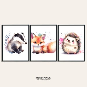 Woodland Nursery Print Set - Set of 3 Posters | Animal Nursery Decor | Boys Girls Room | Badger, Fox, Hedgehog | Playroom Wall Art