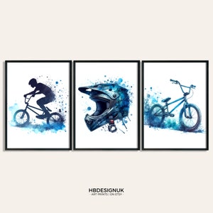 BMX Bike Poster - Set of 3 Blue Prints | BMX Posters Bedroom Decor | Gift for BMXing | Bike Artwork | Biking Watercolour Wall Art Image