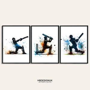 Stampa artistica di cricket - Set di 3 stampe di poster di cricket / Arte murale di cricket acquerello blu / Regalo per gli amanti del cricket / Opera d'arte della stanza del cricket