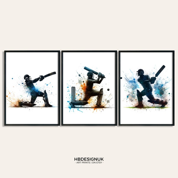 Cricket Art Print - Set of 3 Cricket Poster Prints | Blue Watercolour Cricket Wall Art | Gift for Cricket Lover | Cricket Room Artwork