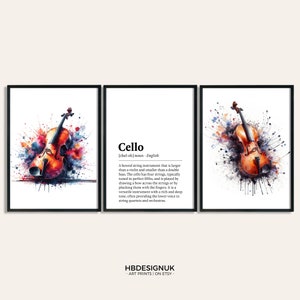 Cello Watercolour Art Print - Set of 3 Music Artwork |  Music Watercolor Poster | Wall Art Musician | Instrument Picture Decor Room Gift