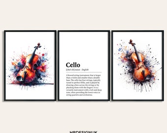 Stampa artistica ad acquerello per violoncello - Set di 3 opere d'arte musicali / Poster musicale ad acquerello / Musicista d'arte da parete / Regalo per la decorazione dell'immagine dello strumento
