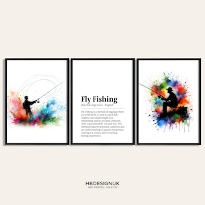 Fly Fishing Poster Set - Set of 3 Fisherman Prints | Fishing Gifts for Men | Watercolour Prints | Gift for Angler | Fish Wall Art Artwork