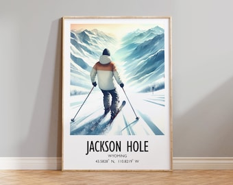 Jackson Hole Ski Poster - Watercolour Art Print  | Travel Wall Artwork | Skiing Gifts | Wyoming Decor | Ski Resort | Skier Gift Snowboard