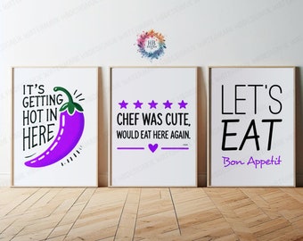 Lila köksaffischer - Set med 3 tryck | Let's Eat, Kocken var söt, Chili-citat | Matrumsinredning | Väggkonst för hemmet | Tavelvägg
