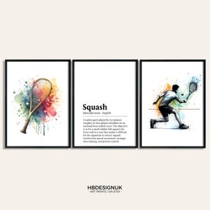 Squash Print Poster Set - Set of 3 Squash Posters | Watercolour Art Painting | Decoration Decor | Sport Wall Art Gifts | Artwork