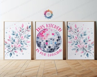 Dancing Kitchen Prints - Set of 3 Wall Art | Pink Kitchen is For Dancing Print | Dining Room Decor | Home Room Posters | Gallery Artwork